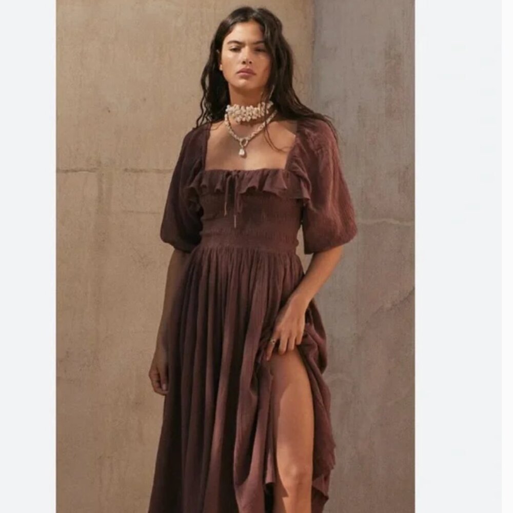NWT Free People Oasis Midi Smocked Cotton Ruffle Chocolate Love Size Medium